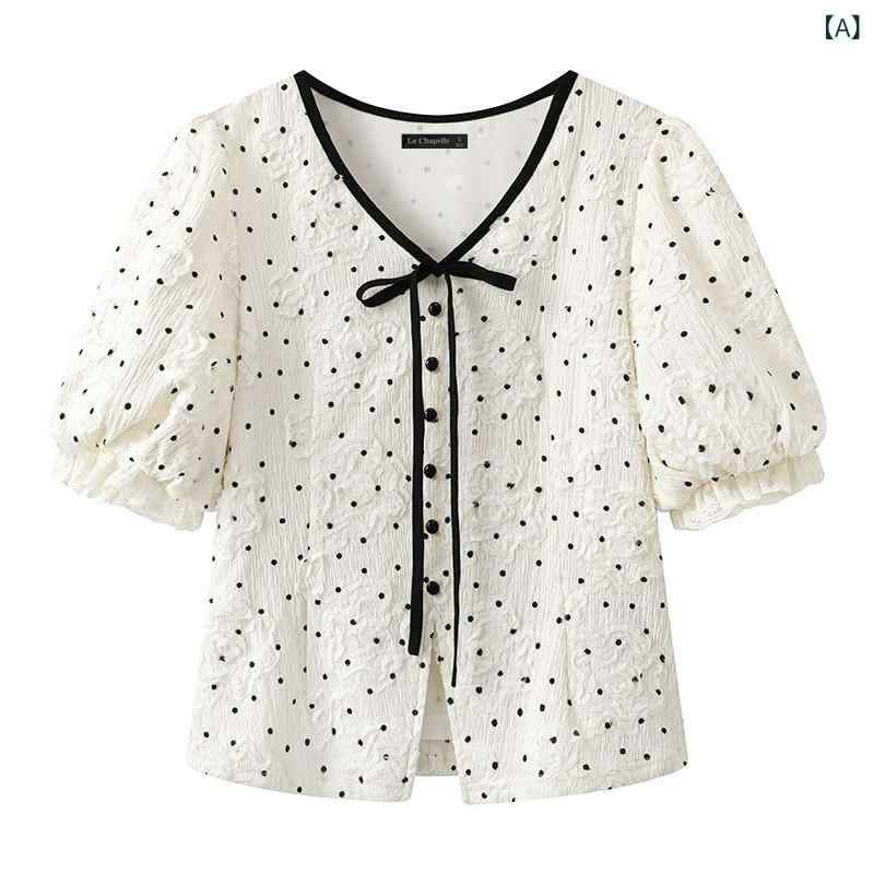フレンチ ドット柄 シャツ La Chapelle / ラ・ シャペル デザイン 水玉 模様 レース アップ シャツ レディース 夏 新作 V ネック ベビー ドール トップ