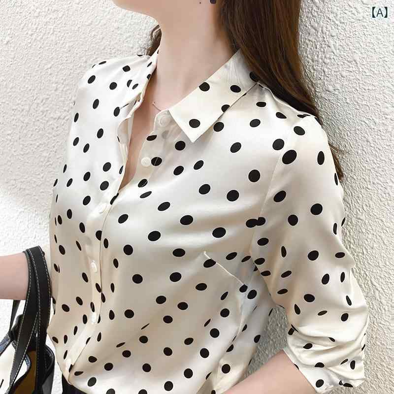 フレンチ ドット柄 シャツ 水玉 サテン ヘビー シルクシャツ レディース 長袖 マルベリー シルク トップ デザイン 女性 ニッチ OL プロフェッショナル シャツ