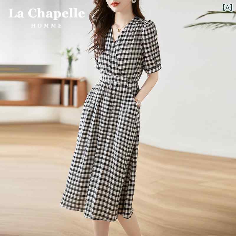 チェック柄 ワンピース ドレス La Chapelle フレンチ レトロ ドレス レディース 2024 夏 ウエスト スリミング チェック 柄 aライン ロング スカート｜SEIYUショップ