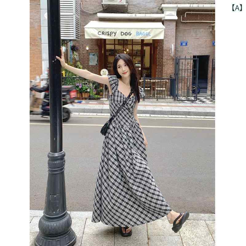 チェック柄 ワンピース ドレス 夏 蘭 希 雨 チェック 柄 パッチワーク スリム A ライン ロング スカート 女性 夏 レトロ ウエスト フレンチ ニッチ デザイン ドレス