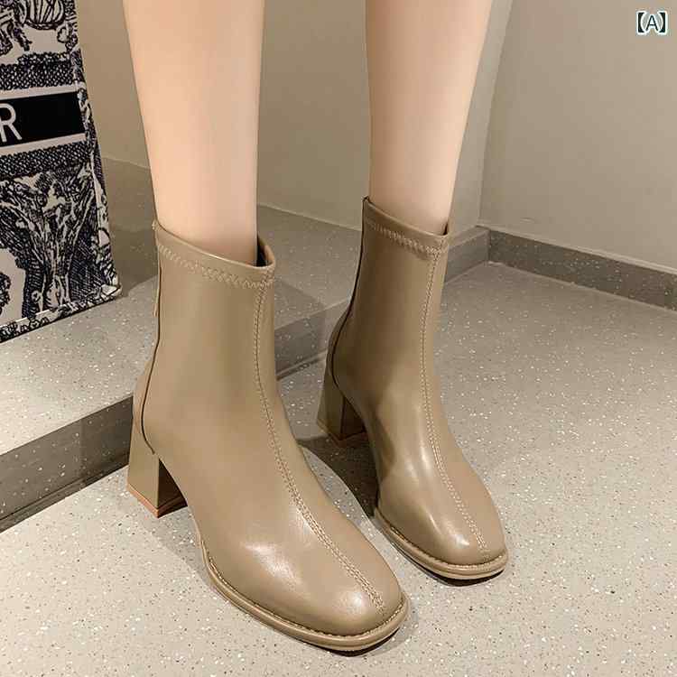 ショートブーツレディース ハイヒール 厚い ヒール ショート ブーツ 女性の ための 秋と 冬の 2024 新しい 韓国 語 バー ジョン プラス ベルベット スリム ブーツ スクエアトゥ セクシーな ジッパー ショート ブーツ
