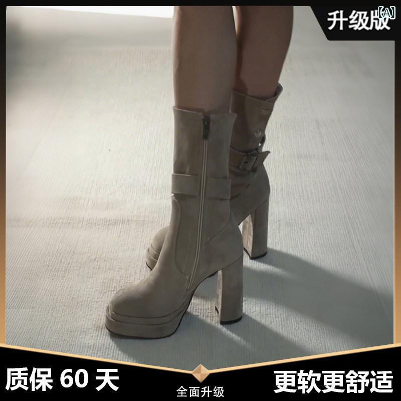 ショートブーツレディース ニッチな レトロ スタイルの 厚 底 スリム ショート ブーツ、 女性用、 2025年 秋の 新作、 オール マッチ、 身長 アップ、 小さめ ハイヒール、 ミドル カーフ ブーツ