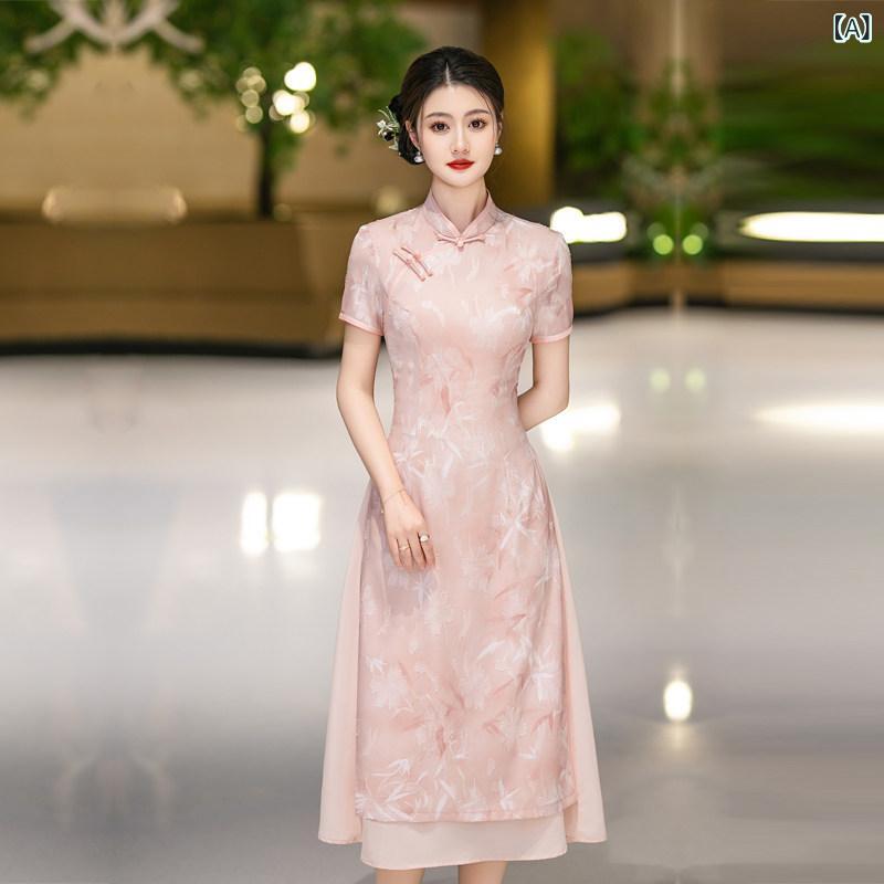 アオザイ ドレス ピンクの チャイナ ドレスの 若い 改良 版 アオザイ ドレス 短い 春と 夏の 女性の 服の 日常 着の 高級
