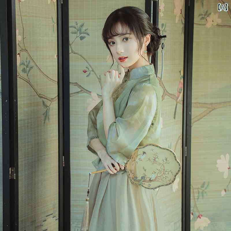 アオザイ ドレス 新しい 中国 風の 禅 茶 サービス チャイナ ドレス 2 点 セット 毎日 改善 漢 服 文学と 芸術 国民 スタイル スリムで 優しい ドレス 夏