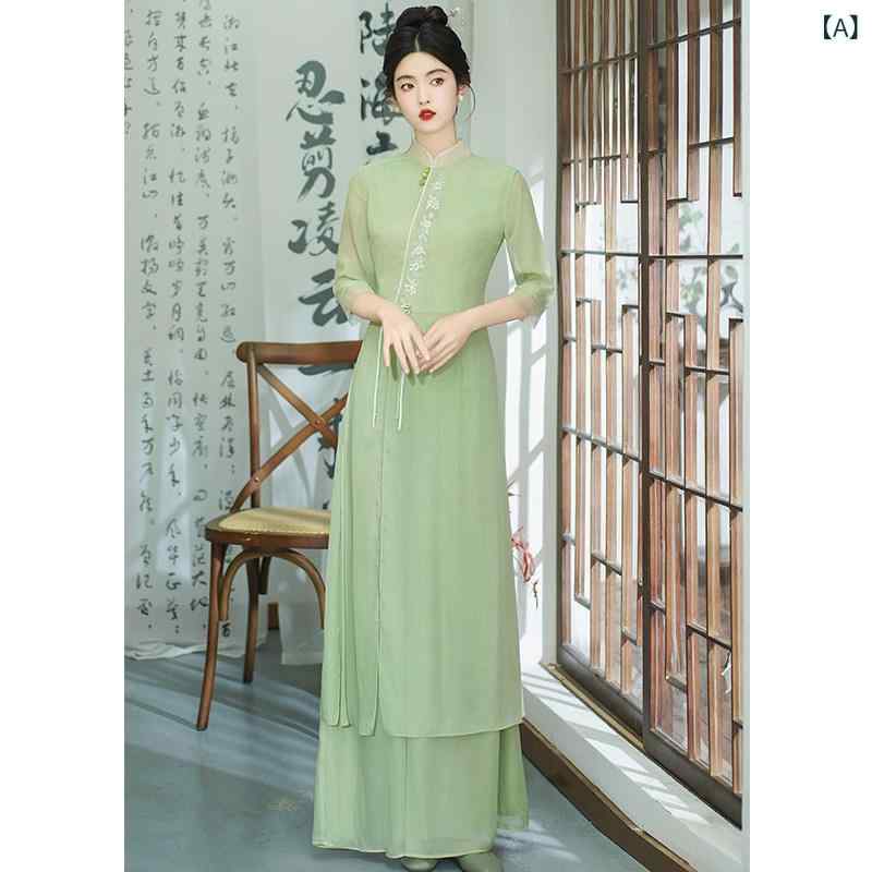 アオザイ ドレス 女性用 唐 装、 中国 風 漢 服、 改良型 アオザイ チャイナ ドレス、 ツーピース スーツ、 新しい 中国 禅 茶器、 茶 芸家の 衣装