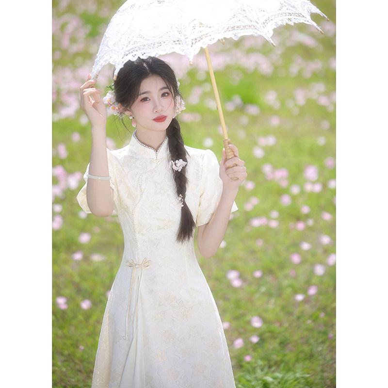 チャイナドレス レディース ワンピース 型 新中式 ドレス 少女風 チャイナ服 七分袖 ミニ丈 スリット入り エレガント きれいめ 大人かわいい 切り替え素材 パーティー お呼ばれ デート服 普段使い 通勤用 カジュアル スタイルアップ 体型カバー ｜SEIYUショップ