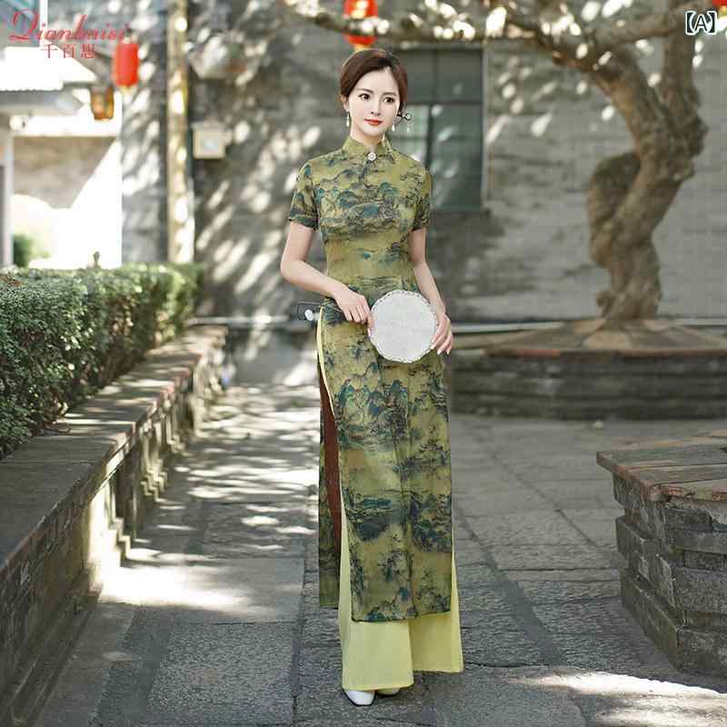 アオザイ ドレス Qianbaisi 改良 バー ジョンの アオザイ キャットウォーク チャイナ ドレス、 春と 夏の 中高年向けの 新しい ハイ エンド 中国 風の パフォーマンス 服、 大きい サイズの ロング スタイル