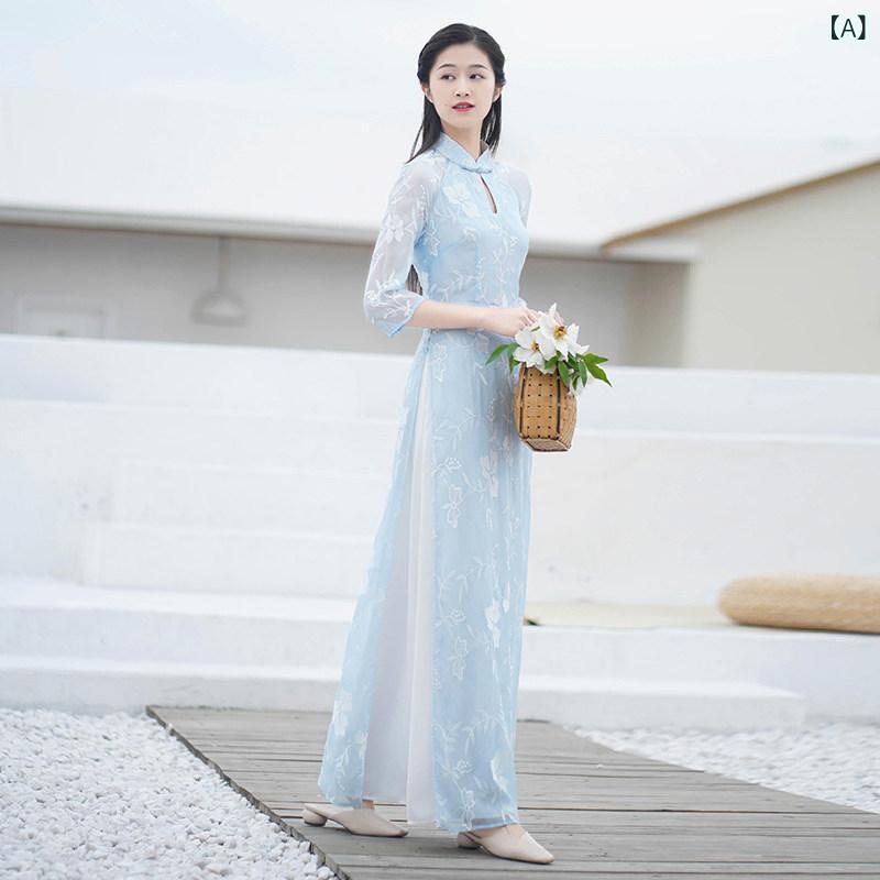 アオザイ ドレス 中国 風の 春と 夏の チャイナ ドレス 毎日 アオザイ 改善 中国 禅 茶 ドレス 妖精 気質 スリム ハイ ウエスト ドレス