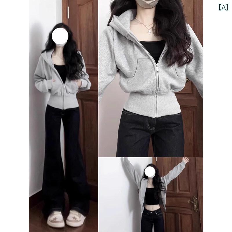 秋冬フード付き パーカー レディース 春の コートの 服装 グレーの ショート フード 付き スウェットシャツの 女性用 早春 2025 新しい 春 スリム ショルダー トップ