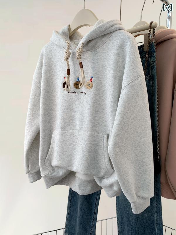 秋冬フード付き パーカー レディース グレー 刺繍 ベルベット 肥 厚 フード 付き スウェットシャツ 女性の ための 秋と 冬 2023 新しい ホット スタイル アメリカン ジャケット 小人の ため