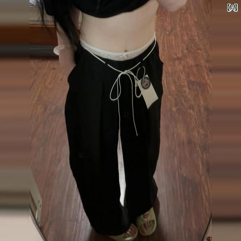ハイウエスト ワイドレッグ スーツパンツ 初秋の 女性用 フェイク ツーピース ブラック パンツ、 フロア レングス パンツ、 ゆったりと した スリムな デザイン、 ワイド レッグの レース スリムフィット カジュアル パンツ