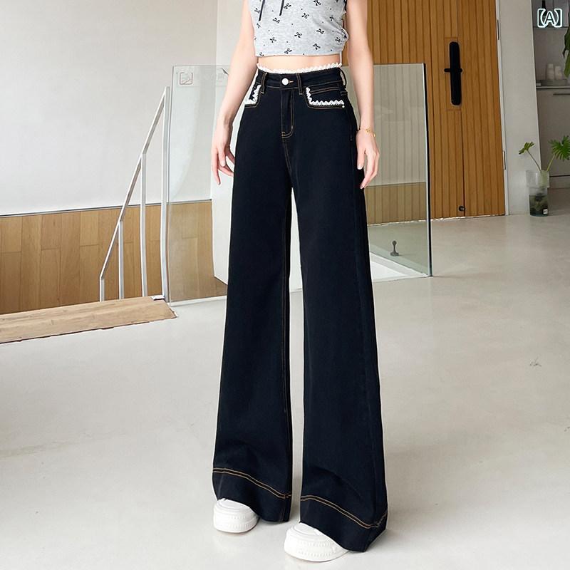 ハイウエスト ワイドレッグ スーツパンツ 夏の 女性用 黒の フレア ワイド レッグ ジーンズ、 洋 ナシ型、 やや 太め、 ハイ ウエスト、 今年 人気の レース モップ パンツ