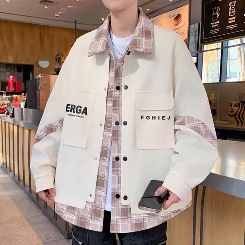 メンズ アメリカン ワークシャツ 男性用 フェイク ツーピース ジャケット、 春秋 スタイル、 シャツ スタイル ジャケット、 メンズ トレンド チェック 柄 パッチワークトップ、 ティーンエイジャー向け 香港 スタイル ジャケット