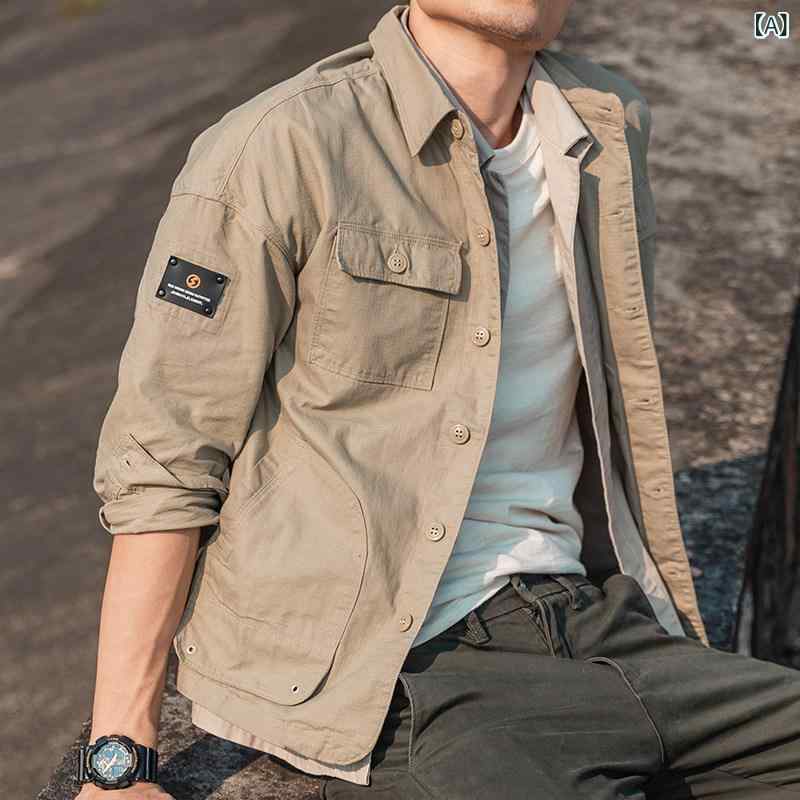 メンズ アメリカン ワークシャツ 夏 薄い ジャケット 男性の 作業 服 春と 秋の 綿 春と 秋の 綿の アウトドア ジャケット メンズ カーキ カジュアル 紳士 服