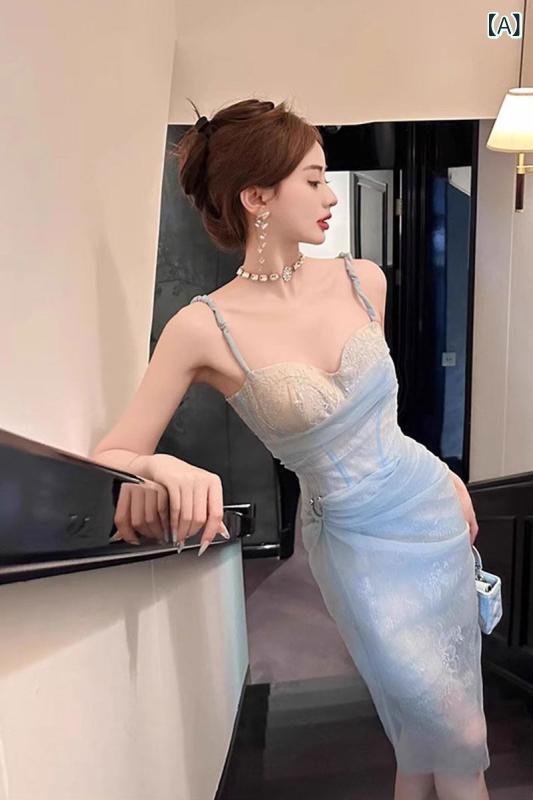 チューブトップドレス セクシーな メッシュ サスペンダー ドレス、 ロング レース、 胸 パッド 付き、 V ネック、 純粋な 欲望 スタイル、 誕生日 パーティー ドレス、 スカート