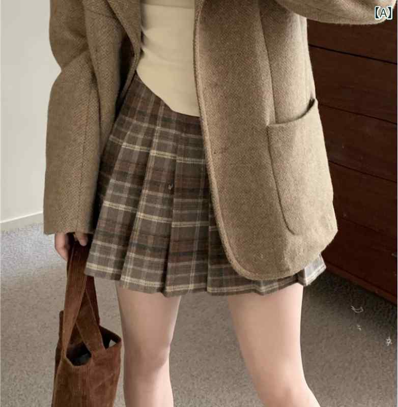 チェック柄プリーツスカート レトロな ブラウンの チェック 柄 スカート 秋 冬 大きい サイズの ウールの プリーツスカート お腹を カバー し、 ヒップの 露出を 防ぐ A ラインの ショート スカート 4,650円
