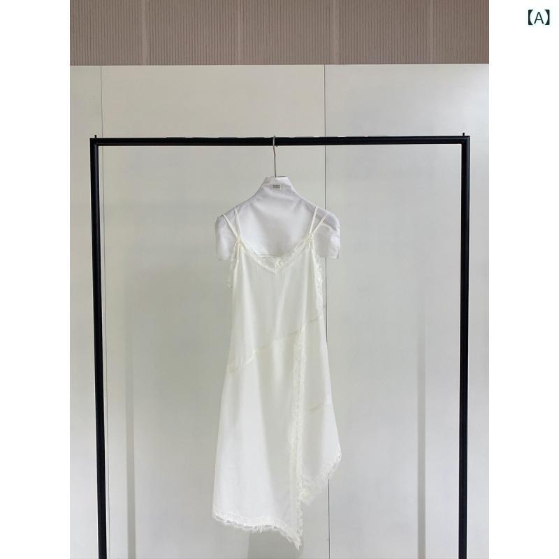 ワンピース レディース レース 切り替え Vネック キャミソール 夏用 セクシー 不規則 スリット ドレス 膝丈 軽量 伸縮性 吸湿速乾 ブラック ピンク系