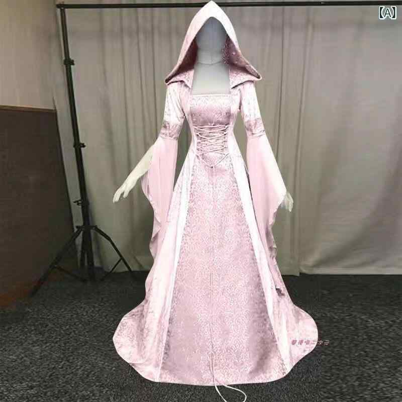 ハロウィン コスチューム 魔女の コスプレ 衣装 中世の レトロな ウェディングドレス 8 色 フード 付き ウエスト ドレス コスプレ ハロウィン 衣装