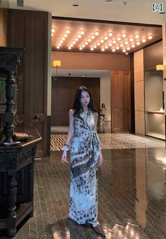 衣裳 レディース 夏 ハルターネック A伝達ルート 収腰 か細い 花柄 刷り上げる シュロの葉  雅びやか 軽さ 伸縮性 通い 普段使い走り 膝丈 黒いこと さくら色 象牙色