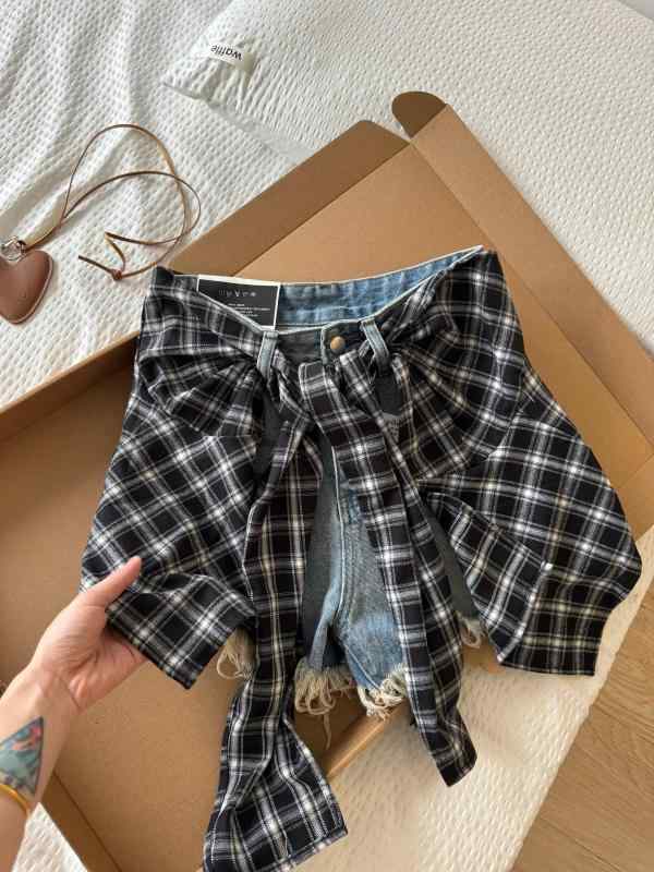 デニムショートパンツ レディース アメリカン チェック 柄 おなら カーテン デニムショートパンツ レディース 夏 タイト ショート パンツ セクシー ストレッチ ホット ガール ホット パンツ ツーピース セット トレンディ