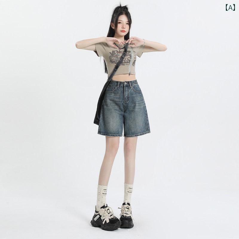 デニムショートパンツ レディース 春 夏の 女性用 5点 ジーンズ、 新しい 小さい サイズ、 ゆったりと した ストレートの 細い ハイ ウエストの レトロな A ラインの ワイド レッグ ミドル 丈 パンツ