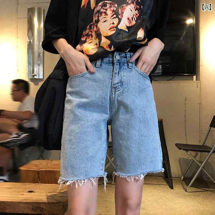 デニムショートパンツ レディース レディース デニムショートパンツ ハイ ウエスト 夏 ルーズ レトロ ロー エッジ ストレート ショート パンツ 香港 スタイル 韓国 バー ジョン スリム パンツ トレンド