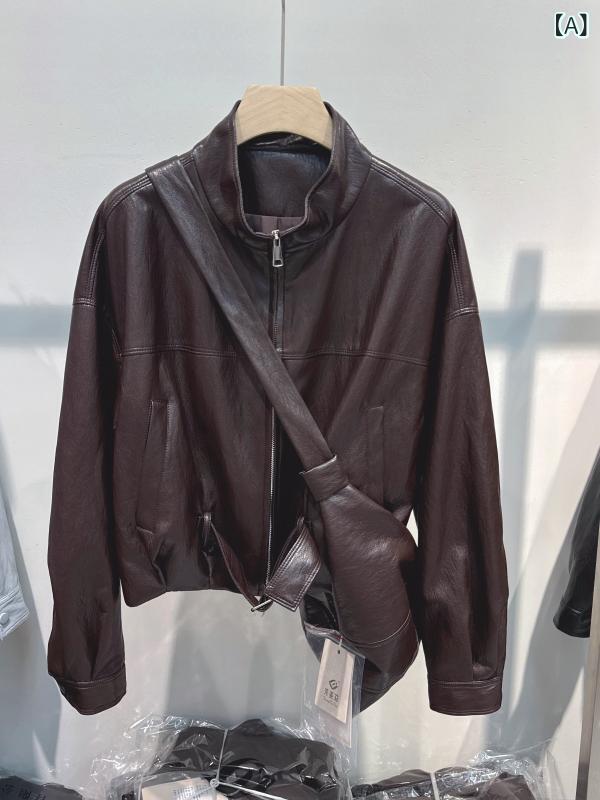 レザージャケットレディース秋冬 ヨーロッパの 商品 スタンド カラー ゆったり 多 機能 PU レザージャケット レディース 2025 秋 ショート スタイル 小さい サイズ ジャケット トップス バッグ 付き