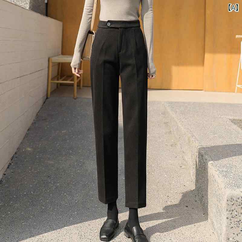 レディース ハーレムパンツ レディース ウール パンツ、 秋 冬 スタイル、 厚手の ストレート レッグ パンツ、 ウエスト ゴム、 ハーレム スタイル、 クロップド キャロット パンツ、 シガレット スタイル、 ゆったりと した スーツ パンツ