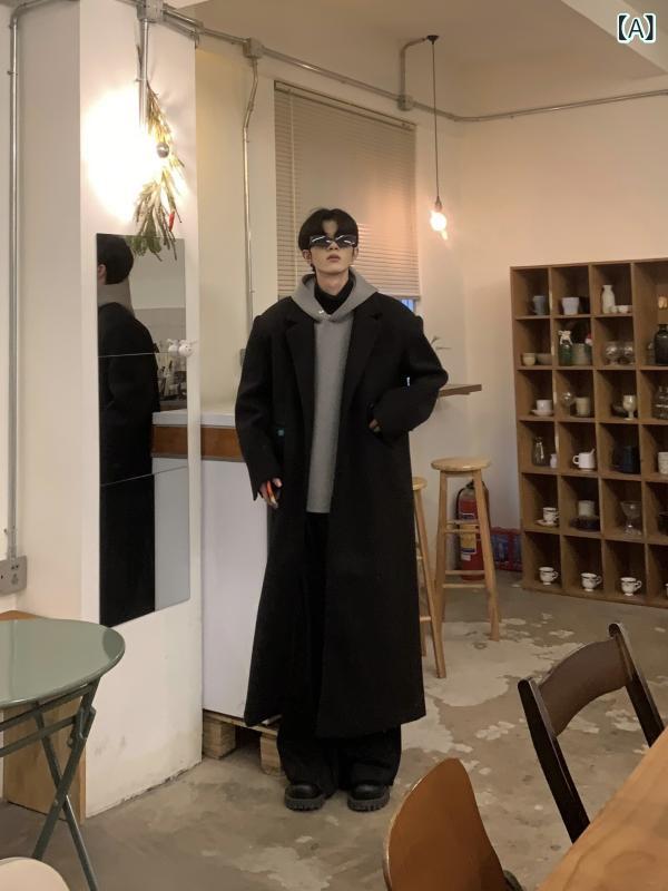 ウールコートメンズ Med Uncle 秋 冬 ショルダーパッド コート メンズ ミドル 丈 オーバーニー 韓国 風 ウィンドブレーカー ゆったり オール マッチ 高級 ジャケット