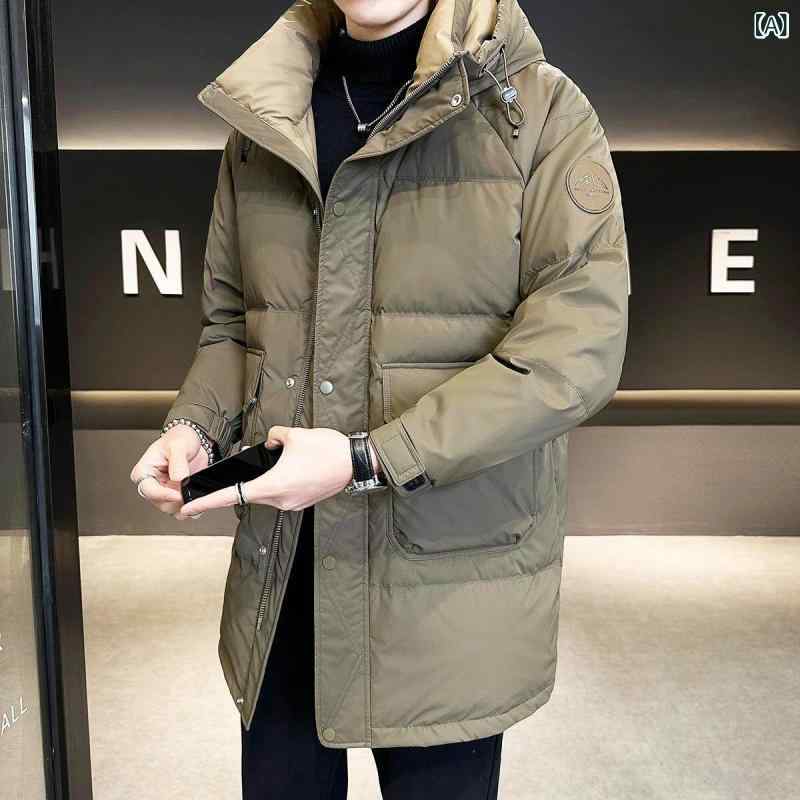 冬用ダウンジャケット 男性用 ロング フード 付き ダウン ジャケット、 高級 感の ある スタイル、 厚手で 暖かい 冬用 コート、 2025年 新作 スタイル。
