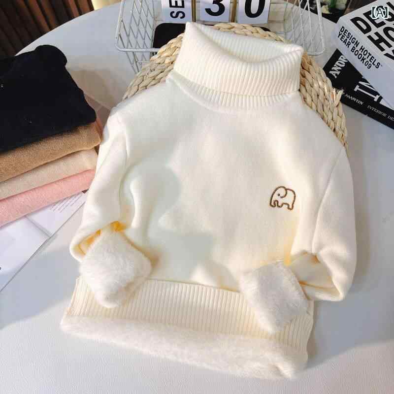男の子セーター 子供用 カジュアル フリース ニット セーター、 無地、 ハイ ネック、 ベース レイヤー、 フリース 裏地、 厚手で 暖かい 男の子と 女の子用の セーター。