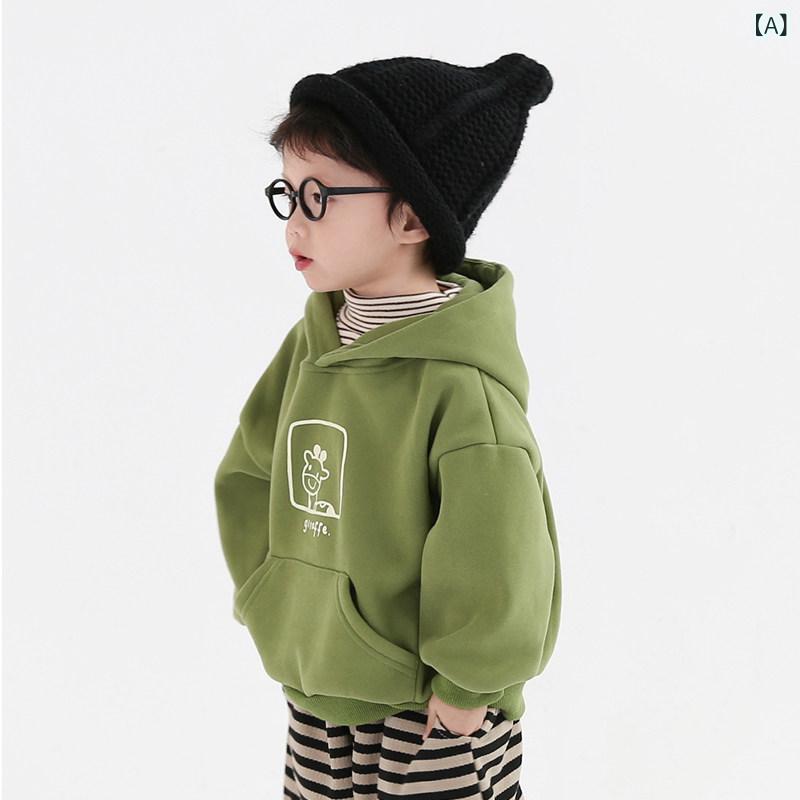 男の子用フード付きスウェット 2024年 冬 新作 韓国 風 ゆったり 厚手 裏 起 毛 フード 付き スウェットシャツ 男の子 女の子用