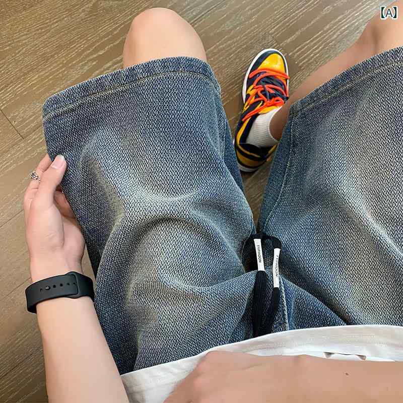 メンズショートパンツ メンズ 星空 柄 デニムショートパンツ、 夏 薄手 アメリカン トレンド ブランド ゆったり ワイド レッグ ストレート ミドル 丈 パンツ、 メンズ 5点 パンツ