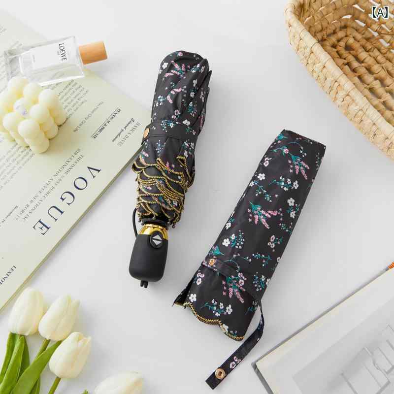 女性用傘 かわいい 高価な 刺繍が 施された全 自動 日傘、 黒の ビニール サンシェード、 日焼け 防止、 UV カット、 折りたたみ 式、晴れの 日も 雨の 日も 最適です。