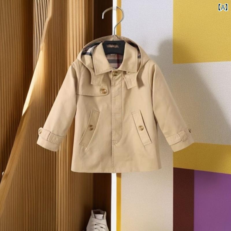 ウインドブレーカージャケット 子供用 春秋 ウィンドブレーカージャケット 2025年 新作 フード 付き 取り外し 可能 コットン 子供 服 英国 風 ミドル 丈 ベビートップス
