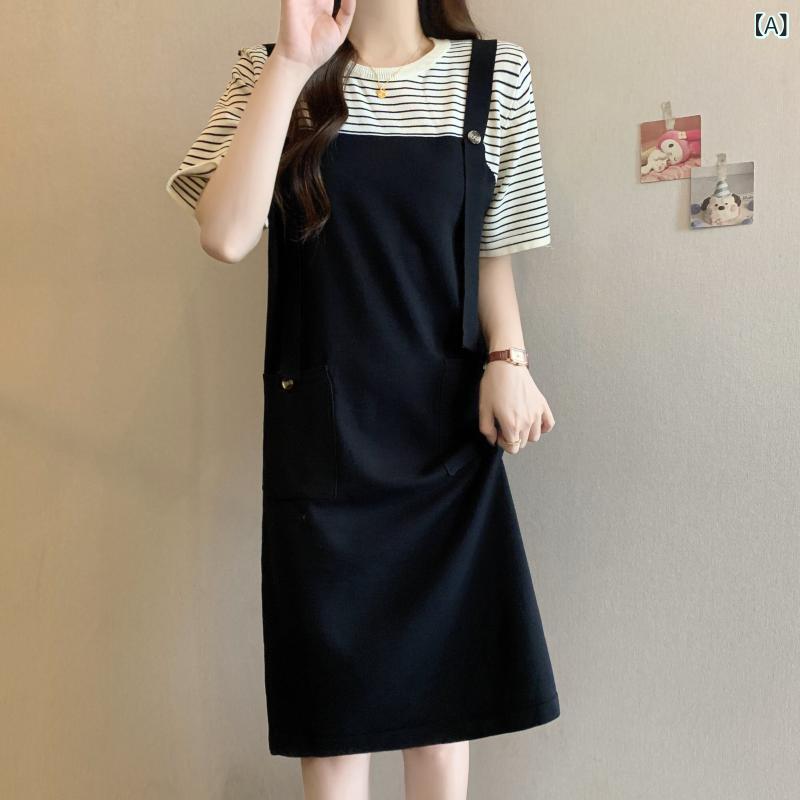 オーバーオールドレス プラス サイズの 女性用 高級 フェイク ツーピース カジュアル サスペンダー ドレス 夏用 脂肪 mm 減 年齢 カバー 肉 スリム ストレート スカート