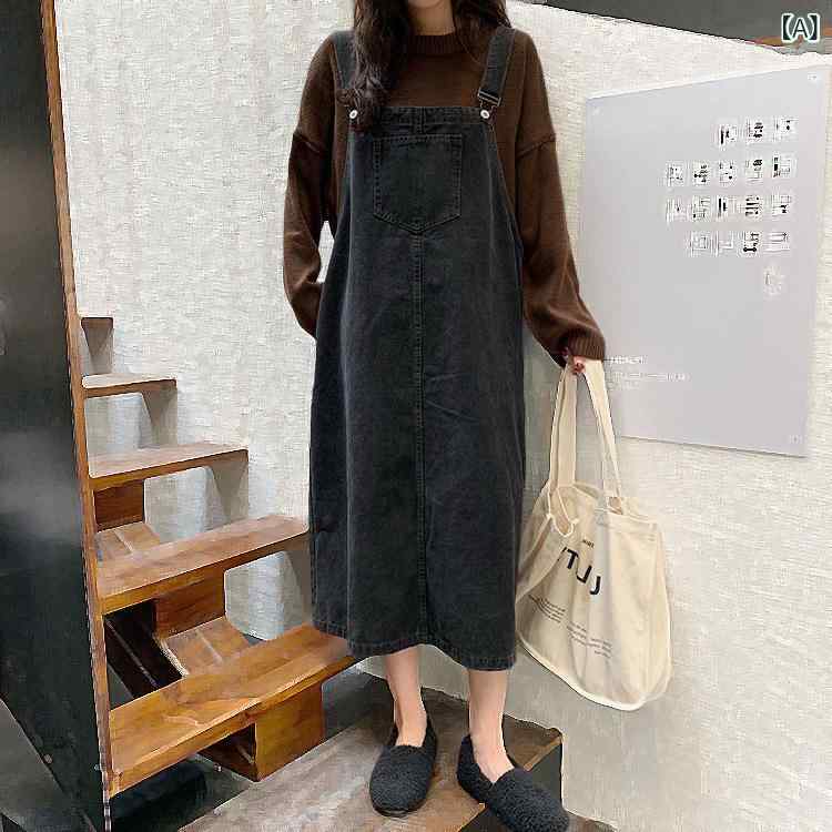 オーバーオールドレス 黒の プラス サイズの デニムオーバーオール ドレス、 ミドル 丈、 夏 スタイル、 体型を 引き立てて スリムに 見せ、 若々しく トレンディ。