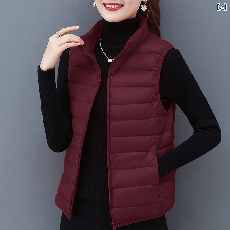 ショートダウンベスト 女性用 軽量 ダウン ベスト、 秋 冬、 中高年 女性、 2024年 新型、お 母さん用 レッド ベスト、 外出 着に 最適。