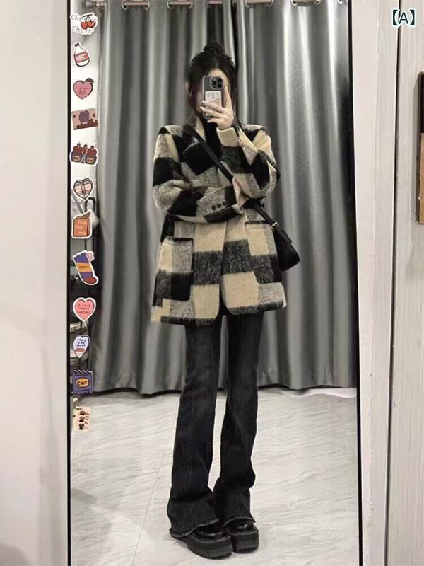 チェック柄ウールコート 女性用 チェック 柄 ウール スーツ ジャケット、 冬と 秋の新 スタイル、 ゆったりと した 厚手の ウール コート、 高級 オードリー・ ヘップバーン スタイル