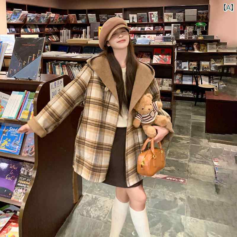 チェック柄ウールコート かっこいい カレッジ 風 柄の 両面 ウール コート 女性用 2024冬 韓国 厚手 フード付き ジャケット|SEIYUショップ