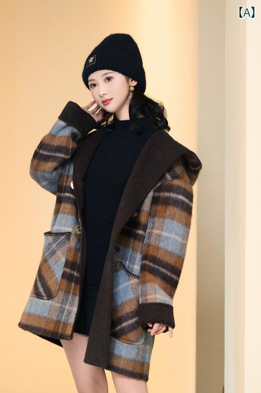 照合のしるし柄羊毛厚地の外套 2025年、 小っちゃいな 成人女性の 利益の 今めかしいで 窈窕たるな 真っただ中 丈 ボンネット 付き添い人 照合のしるし 柄 両面 カシミヤ厚地の外套 / 羊毛 厚地の外套