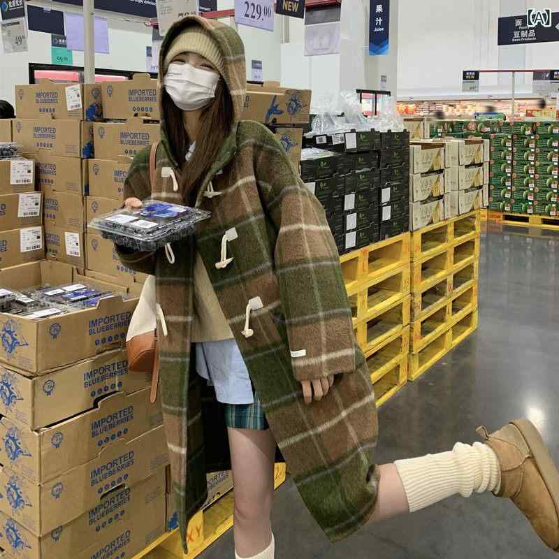 チェック柄ウールコート ミドル 丈、 小柄、 ダッフルコート、 チェック 柄 カシミア 両面 ウール コート、 レディース 冬、 プレッピー スタイル、 ルーズフィット、 新しい スタイル。