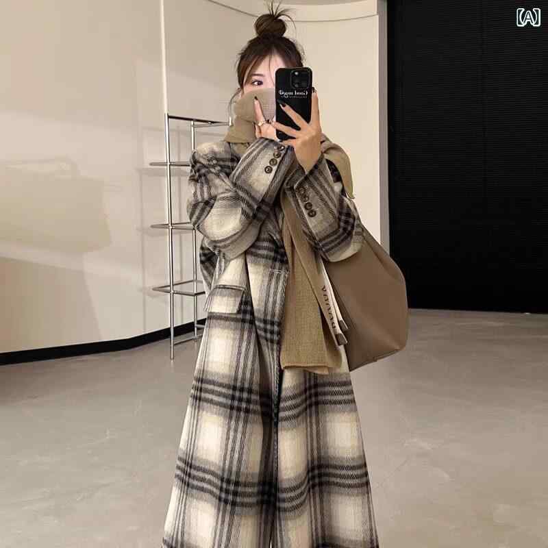 チェック柄ウールコート レディース向け 高級 両面 カシミアコート、 プラス サイズ、 韓国 風、 ゆったり フィット、 スリミング、 冬用の 厚手 チェック 柄 ウール コート。