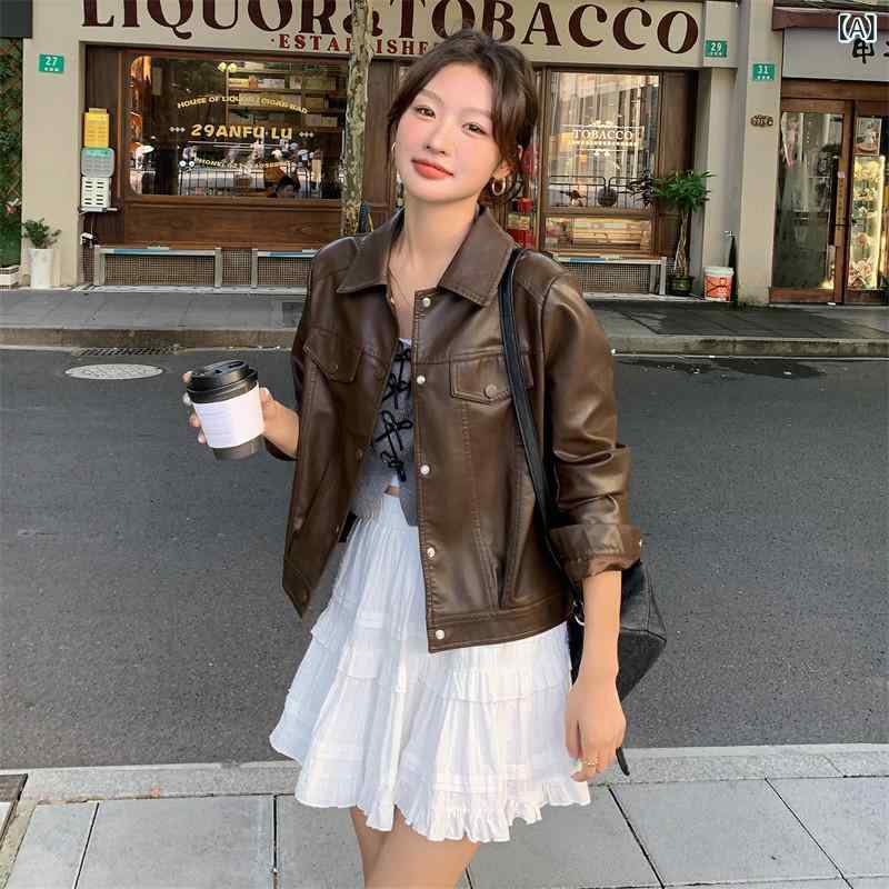 レザージャケットレディース 女性用 メイラード ブラウンレザー ジャケット 秋 クールで スタイリッシュな デザイン PU レザージャケット ホット セール