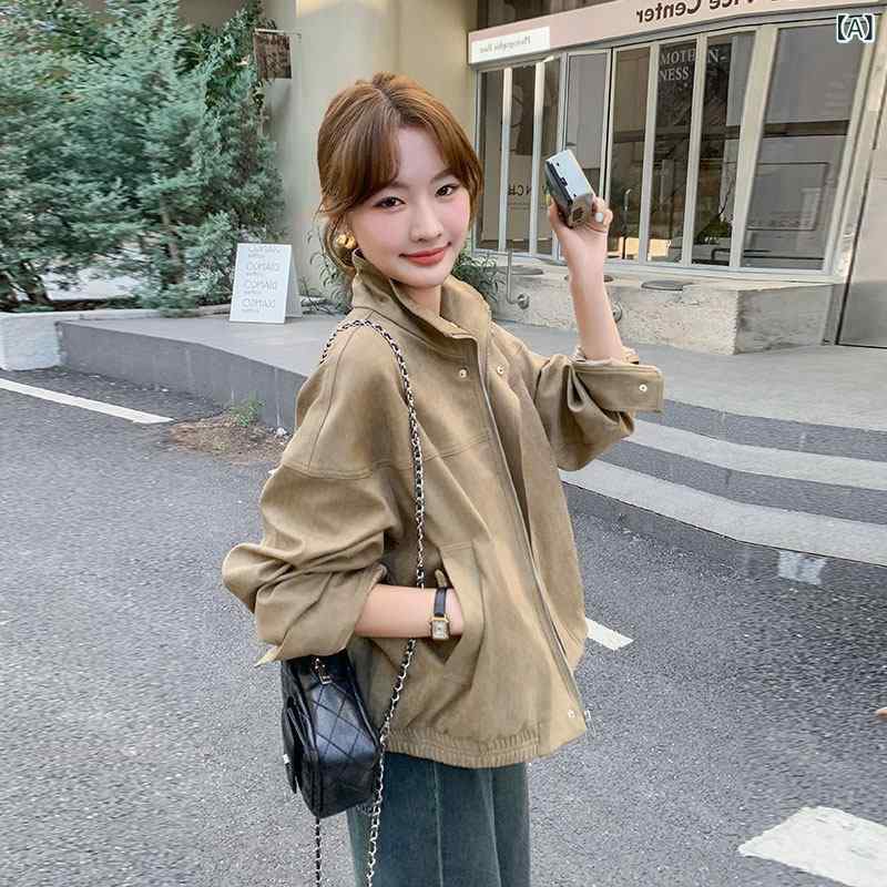 レザージャケットレディース カーキ色の カジュアルな ラペル ショート ジャケット、 女性用 2024年 秋、 韓国 風、 今年 人気の 小柄な 気質の 年齢を 減らす ジャケット