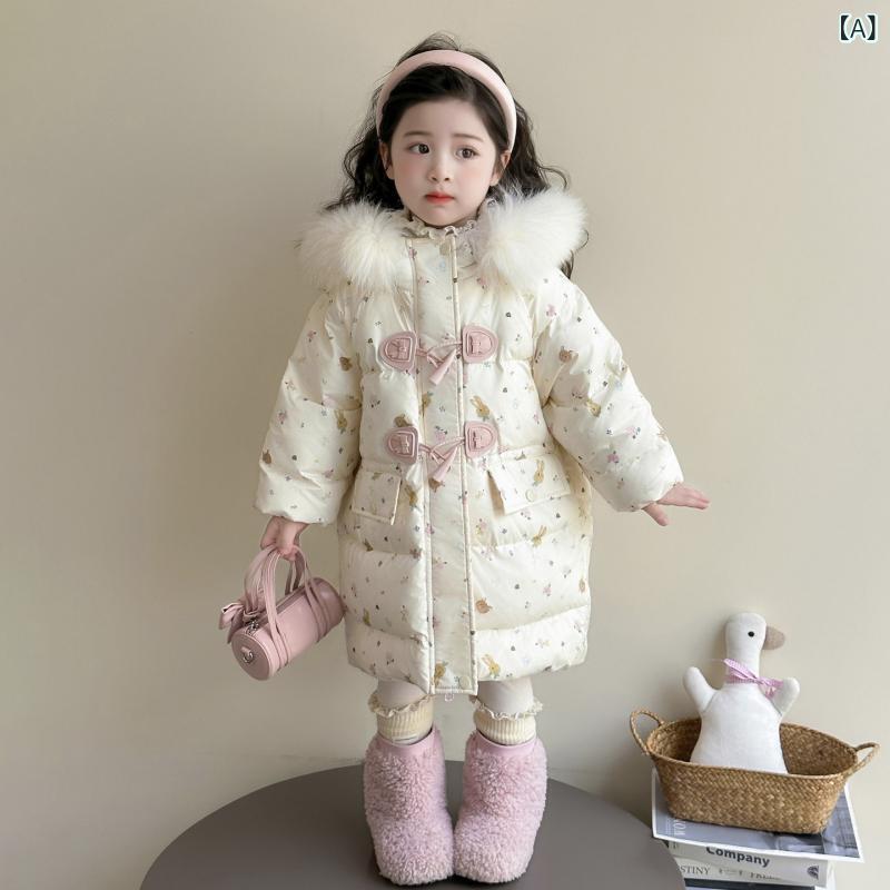 子供用ダウンジャケット 女の子の ダウン ジャケット 冬 服 2025 新しい スタイルの 子供用 ホワイトダックダウン小さな 女の子 ベビー ガール 厚手 フード 付き コート