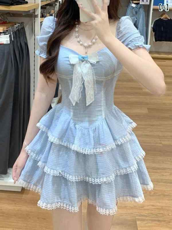 サスペンダードレス フレンチ スイートな パフスリーブの レース ドレス。 夏に ぴったりの スリム ウエストの 気質の リボン ケーキ スカート。