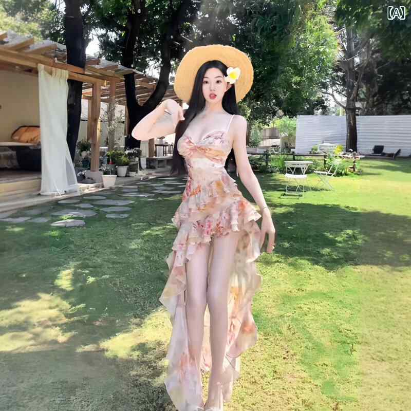 サスペンダードレス フレンチ フローラルの Vネック サスペンダー ドレス. 夏の フェアリー ビーチ ドレス. フリルの イレギュラー テールの ミドル 丈 スカート｜SEIYUショップ