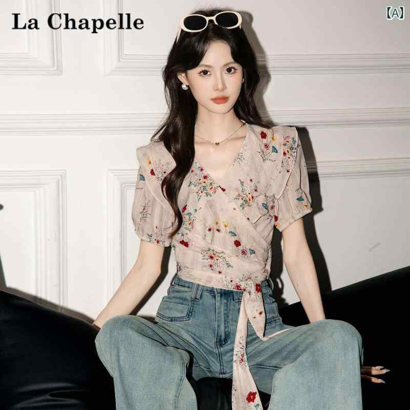フリルシフォンシャツ La Chapelle フレンチ V ネック フリル 花柄 半袖 シャツ レディース 2025 夏 シフォンシャツ ショート トップ
