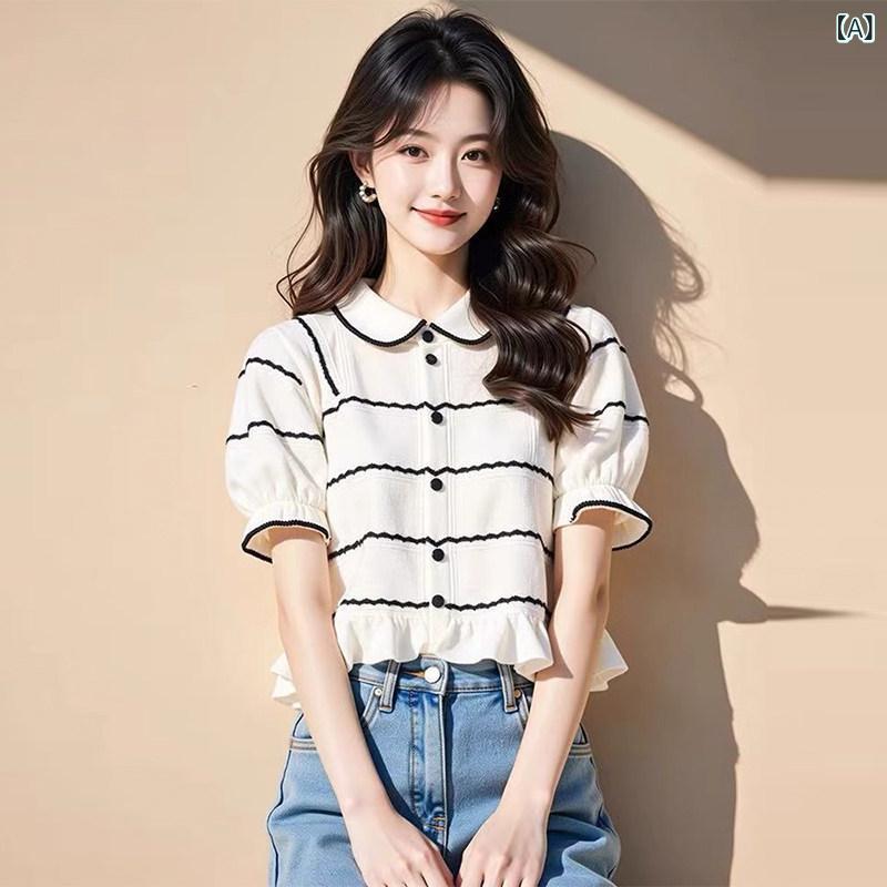 フリルシフォンシャツ ホワイトストライプの ドール カラー 半袖 T シャツ 女性 2025 新しい ユニークな デザイン ウッド イヤー エッジ パフスリーブ トップス 夏